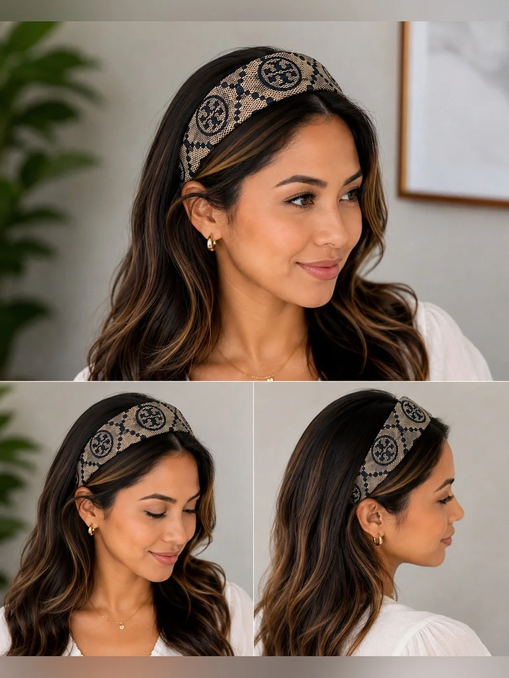 Tory Burch Beige and Navy Blue Logo Headband